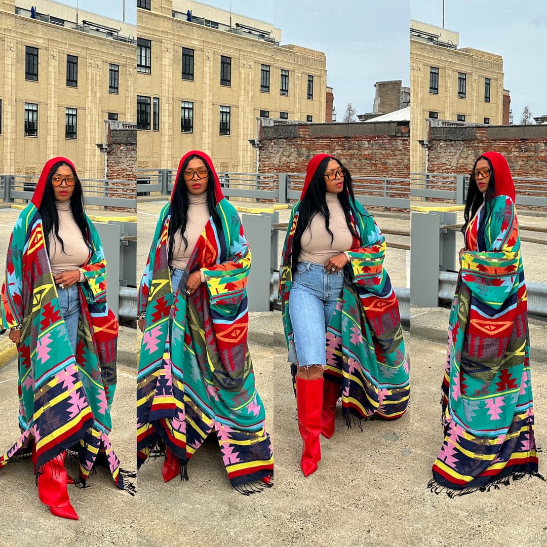 Hooded Winter Open Front Poncho — Multi-color