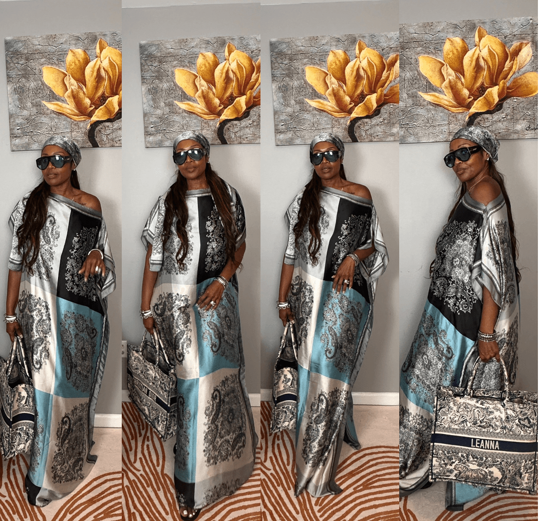 Vacation Vibes Kaftan Maxi Dress with Matching Scarf — Black White Silver