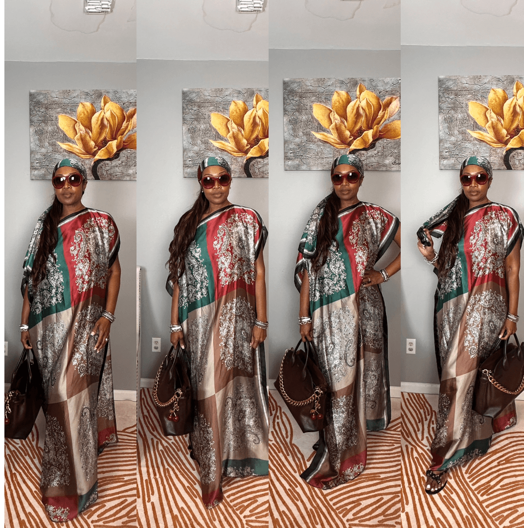 Vacation Vibes Kaftan Maxi Dress with Matching Scarf — Burgundy Emerald