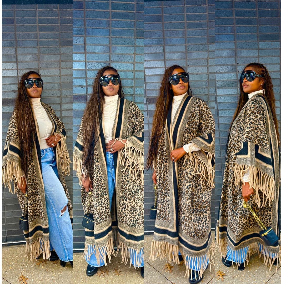 Rich Auntie Tan Leopard Fringe Kimono Coat