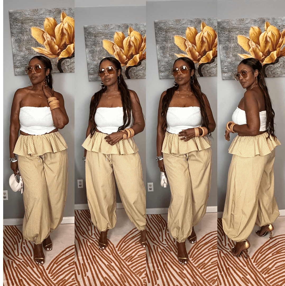 Luxe Layered Peplum Pants — Tan & Beige Striped