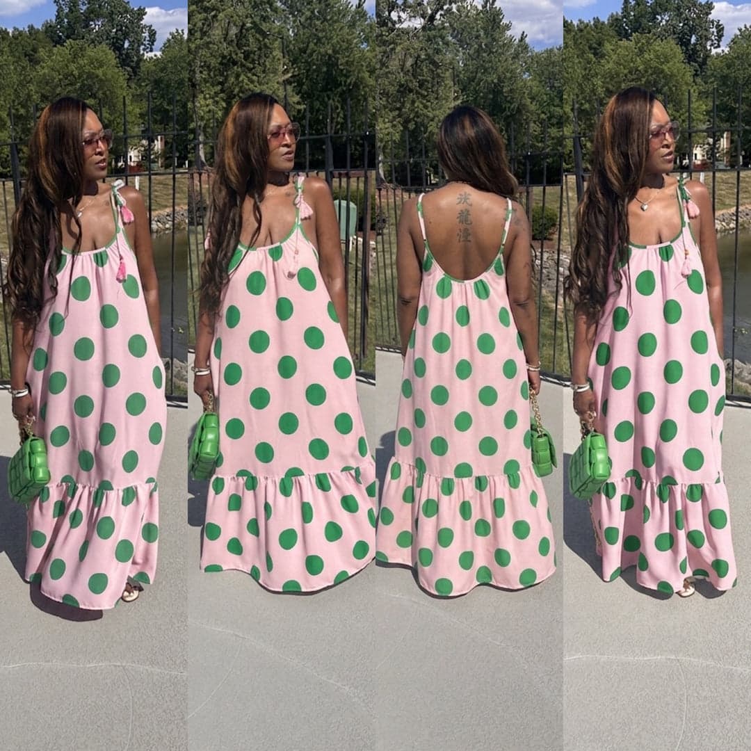 Pretty in Polka Dots Low Back Maxi Dress — Pink & Green