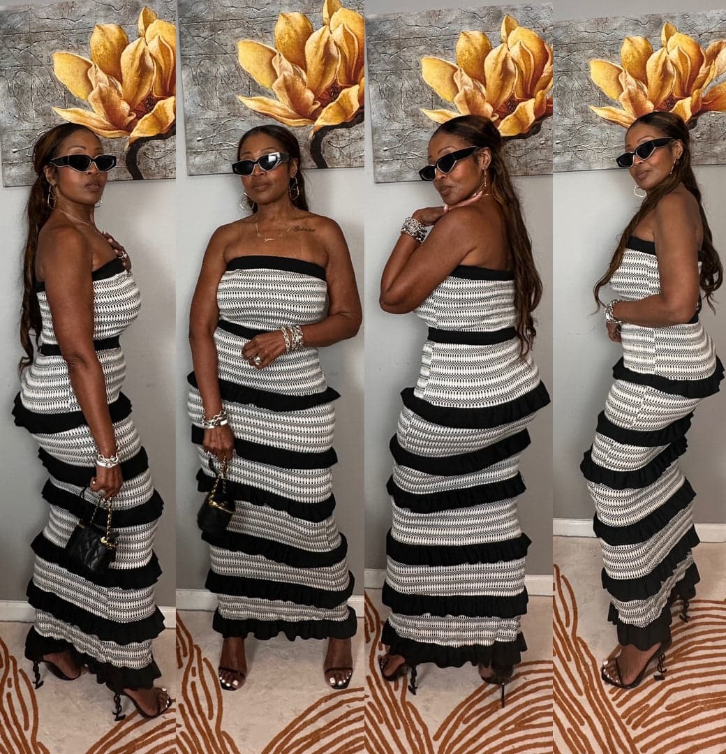 Rhythm & Ruffles Strapless Bodycon Dress — Black & White