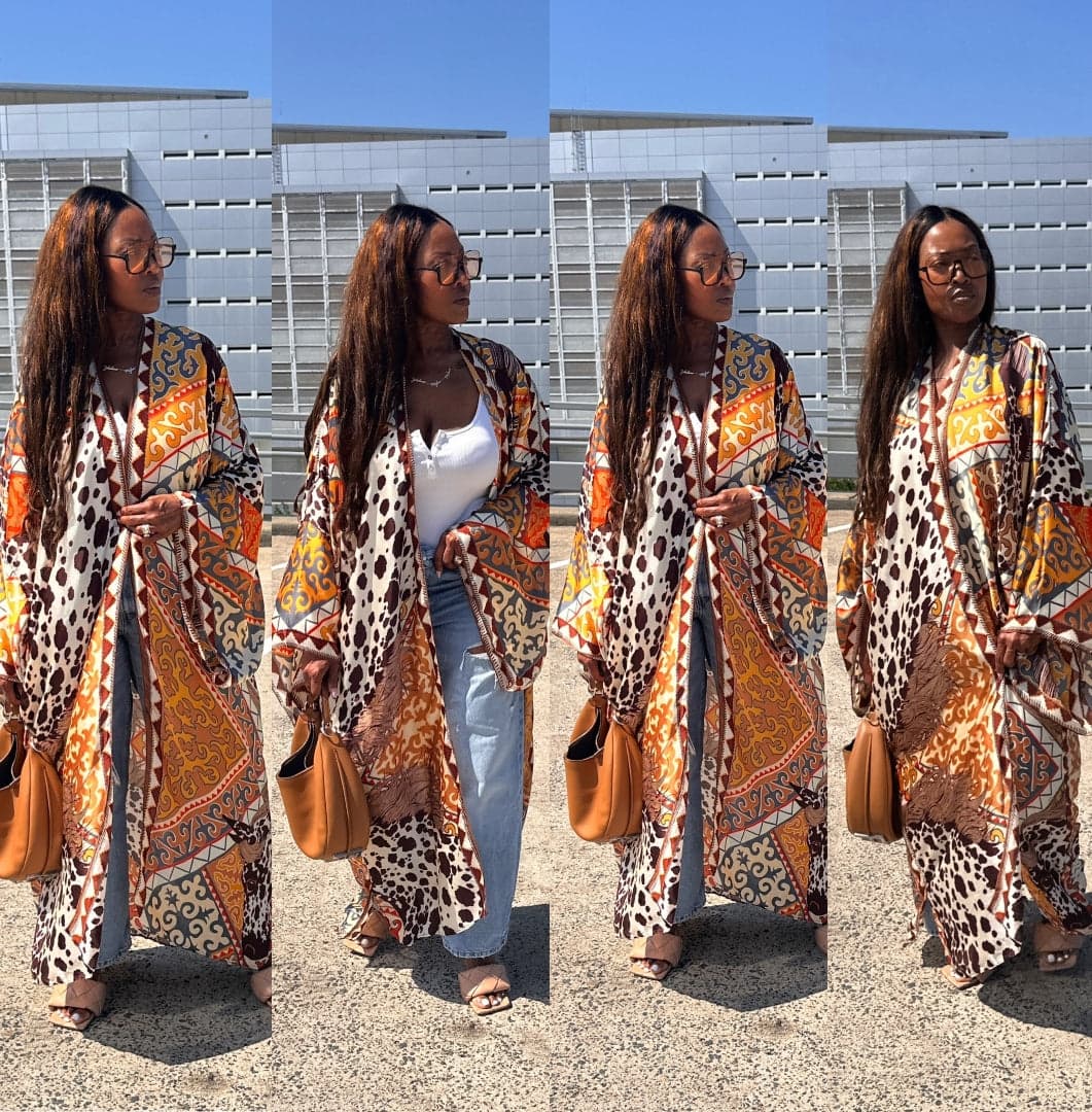 Rio Open Front Long Kimono — Chocolate Tan Cow Print