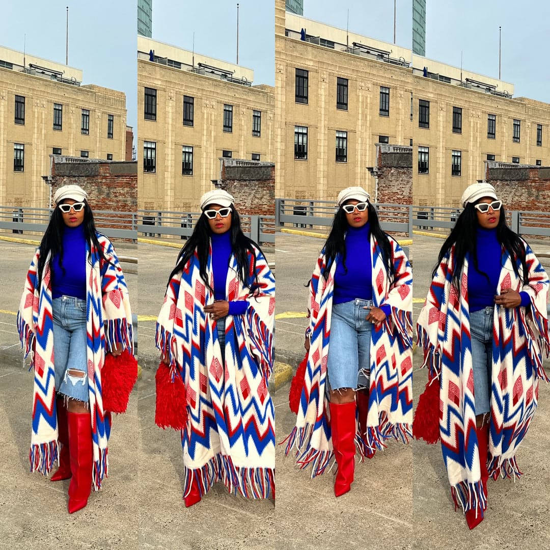 Rich Auntie Winter Kimono Coat — Red Cream Blue
