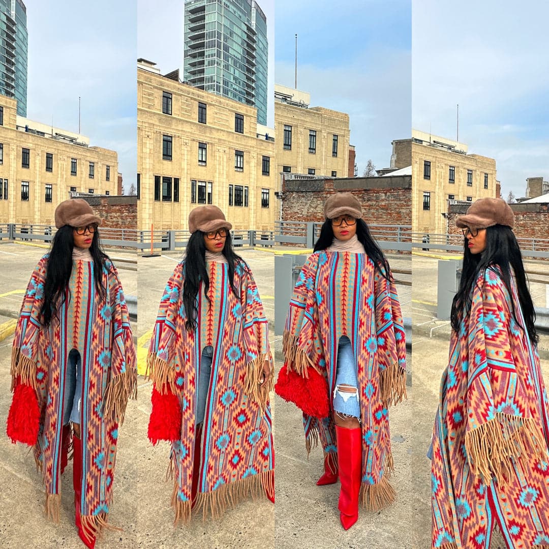Rich Auntie Split Winter Kimono Coat — Tan Turquoise Red